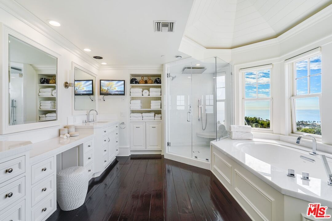 Bathroom, Glass Shower, Interior, Recessed Lighting, Water, Wood Texture Flooring