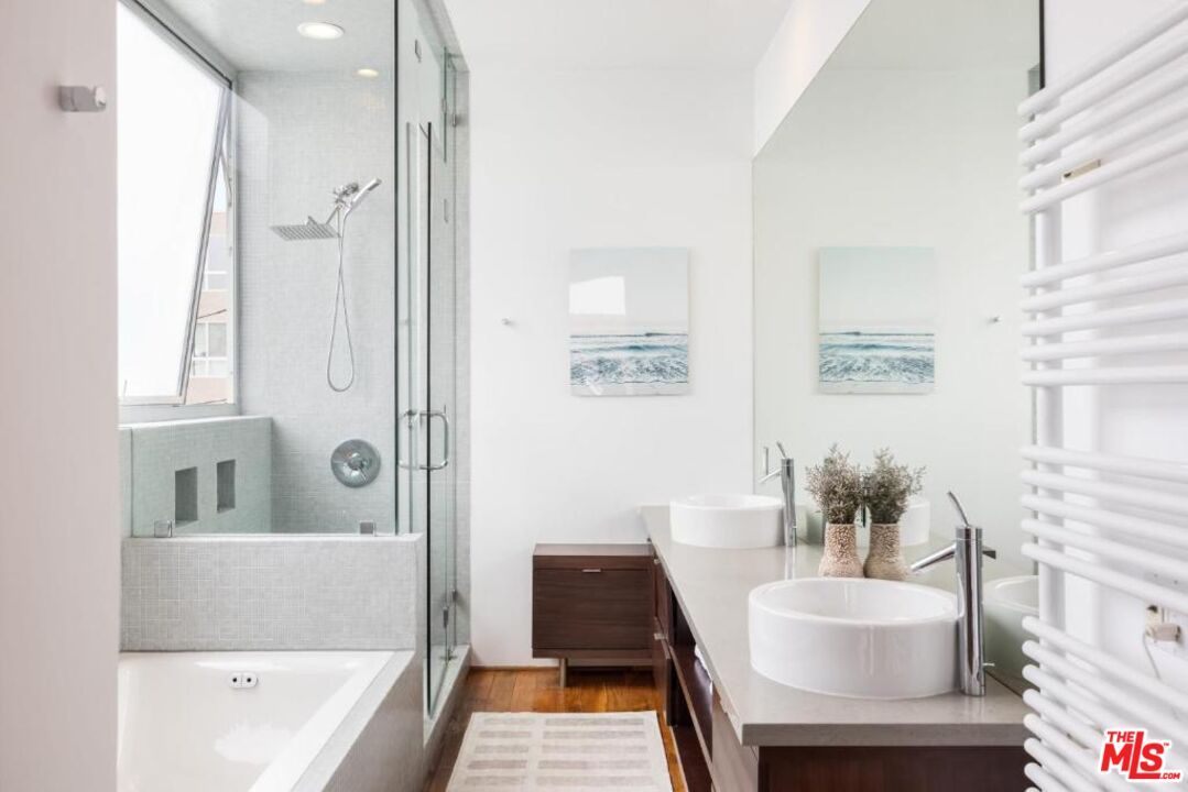 Bathroom, Dual Sink Vanities, Glass Shower, Interior, Recessed Lighting, Wood Texture Flooring