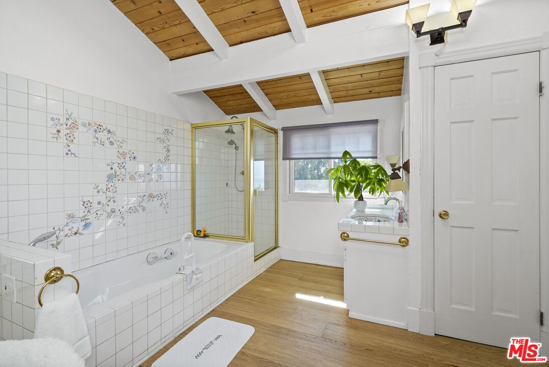 Bathroom, Glass Shower, Interior, Wooden Ceilings, Wood Texture Flooring