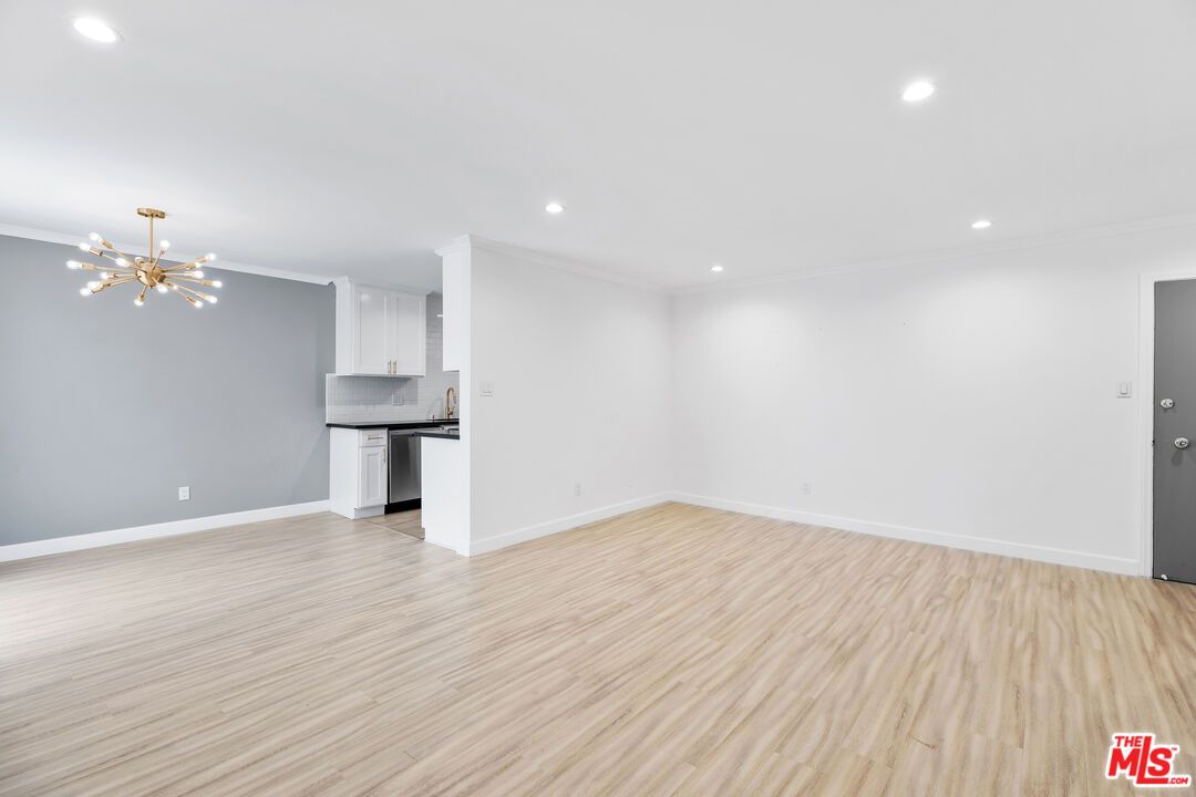 Empty room, Interior, Kitchen, Pendant Lights, Recessed Lighting, Wood Texture Flooring
