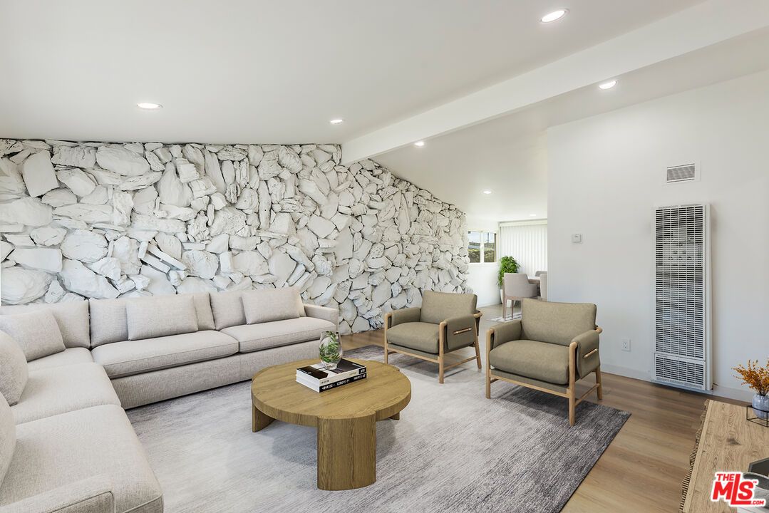 Interior, Living room, Recessed Lighting, Stone Walls, Wood Texture Flooring