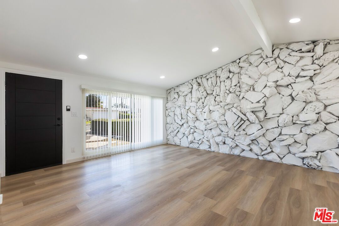 Empty room, Interior, Recessed Lighting, Stone Walls, Wood Texture Flooring