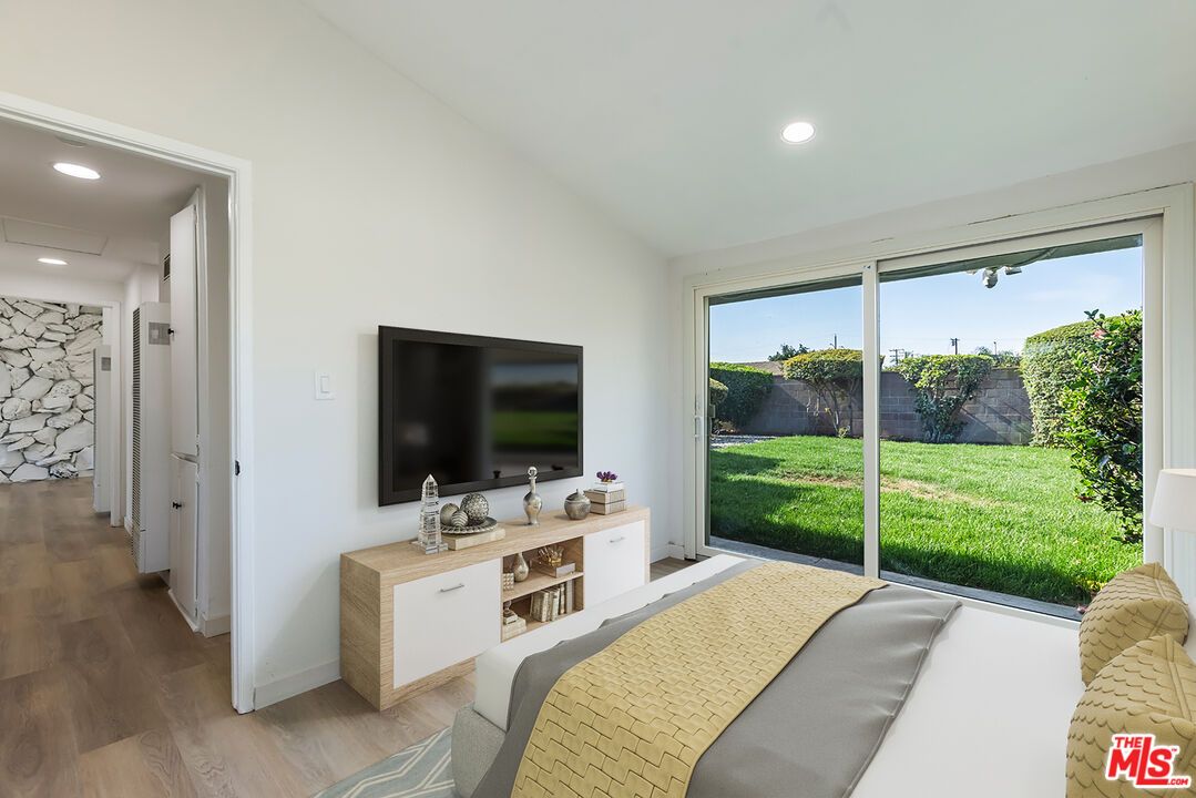 Bedroom, Interior, Recessed Lighting, Stone Walls, Wood Texture Flooring