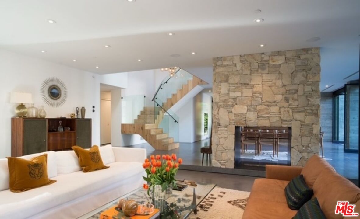 Fireplace, Interior, Living room, Recessed Lighting, Stone Walls