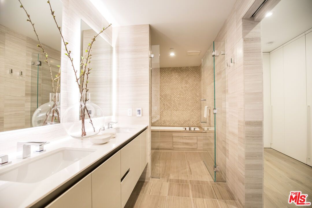 Bathroom, Dual Sink Vanities, Glass Shower, Interior, Recessed Lighting, Wood Texture Flooring