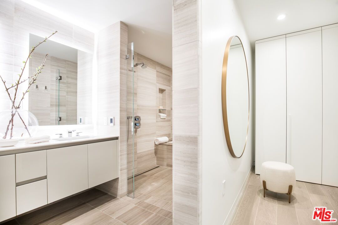 Bathroom, Glass Shower, Interior, Recessed Lighting, Wood Texture Flooring