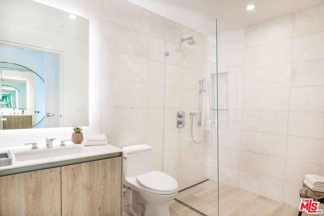 Bathroom, Glass Shower, Interior, Recessed Lighting, Wood Texture Flooring