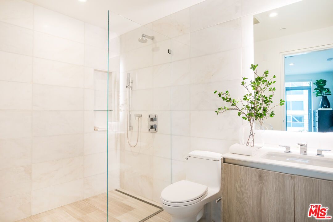 Bathroom, Glass Shower, Interior, Recessed Lighting, Wood Texture Flooring