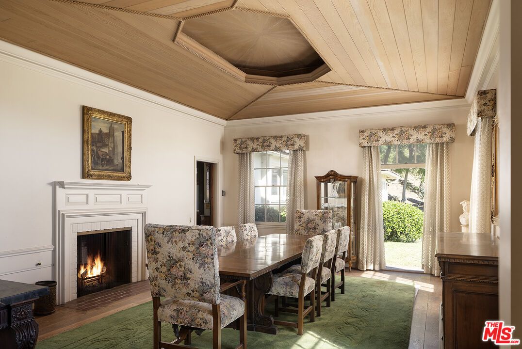 Dining room, Fireplace, Interior, Wooden Ceilings, Wood Texture Flooring