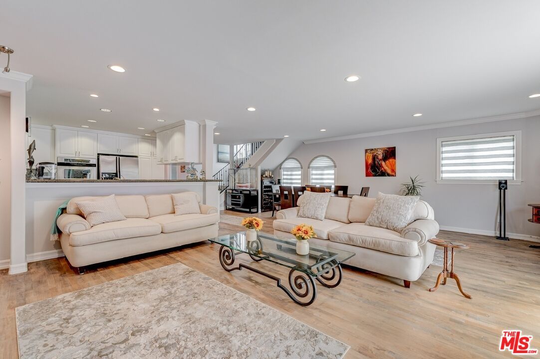 Fireplace, Interior, Kitchen, Living room, Recessed Lighting, Wood Texture Flooring