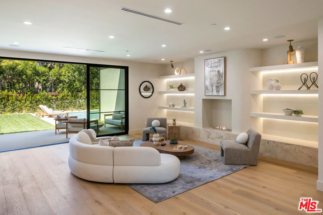 Fireplace, Interior, Living room, Recessed Lighting, Wood Texture Flooring