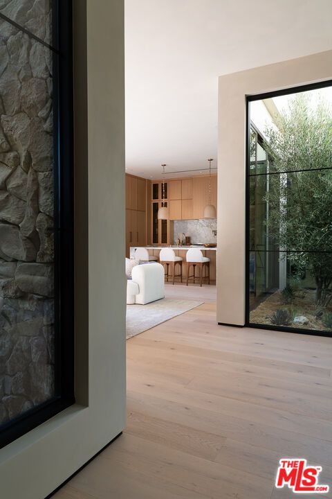 Interior, Kitchen, Pendant Lights, Stone Walls, Wood Texture Flooring