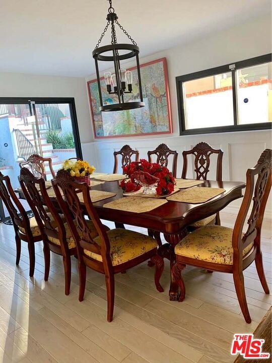 Dining room, Interior, Pendant Lights, Wood Texture Flooring