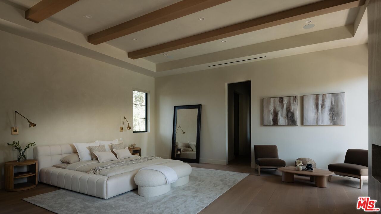 Bedroom, Interior, Recessed Lighting, Wooden Beams, Wood Texture Flooring