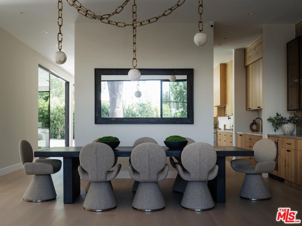 Dining room, Interior, Pendant Lights, Recessed Lighting, Wood Texture Flooring