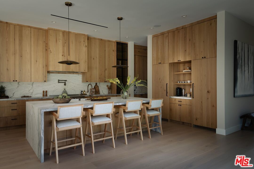 Interior, Kitchen, Marble Walls, Pendant Lights, Recessed Lighting, Wood Texture Flooring