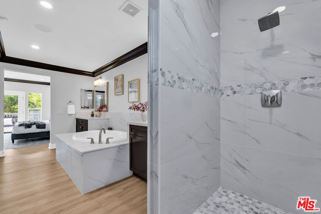 Bathroom, Bedroom, Interior, Marble Walls, Recessed Lighting, Wood Texture Flooring