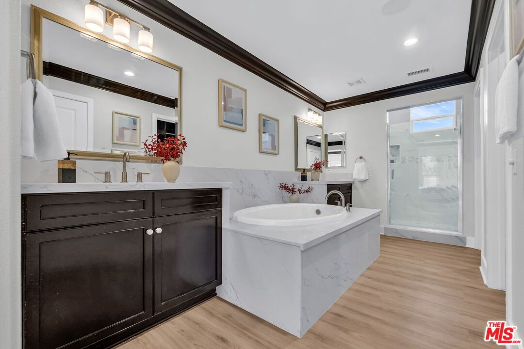 Bathroom, Glass Shower, Interior, Marble Walls, Recessed Lighting, Wood Texture Flooring