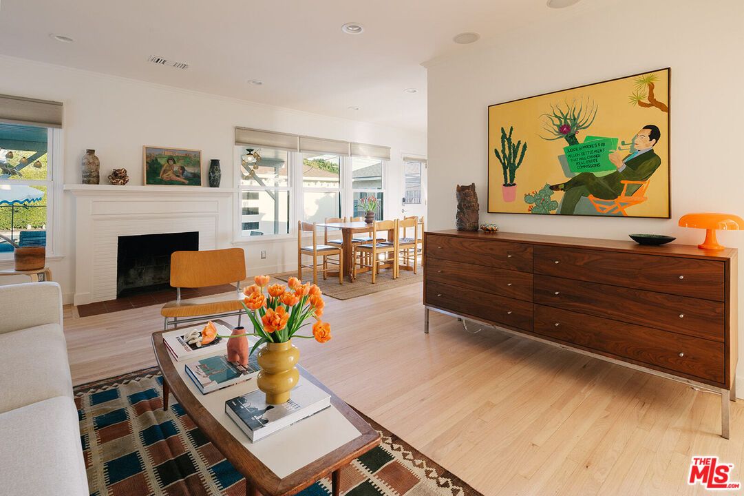 Dining room, Fireplace, Interior, Living room, Recessed Lighting, Wood Texture Flooring