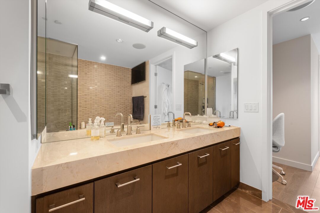 Bathroom, Dual Sink Vanities, Glass Shower, Interior, Recessed Lighting, Wood Texture Flooring