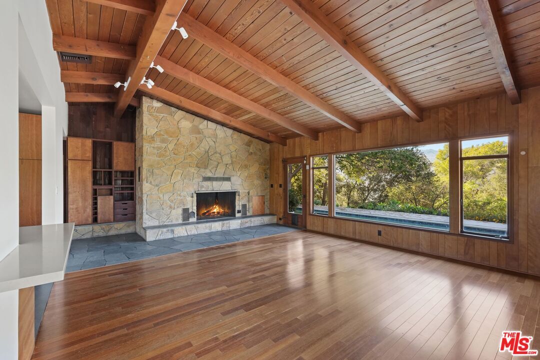 Empty room, Fireplace, Interior, Stone Walls, Wooden Beams, Wooden Ceilings, Wood Texture Flooring, Wooden Walls
