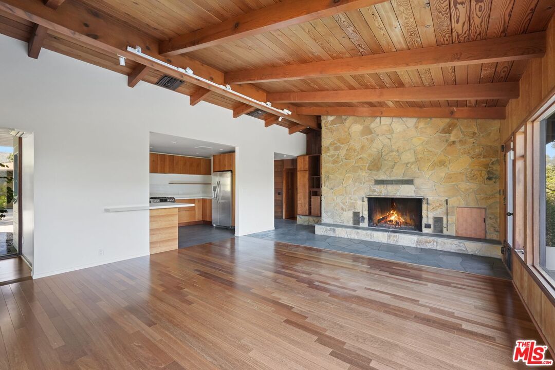 Empty room, Fireplace, Interior, Kitchen, Stone Walls, Wooden Beams, Wooden Ceilings, Wood Texture Flooring