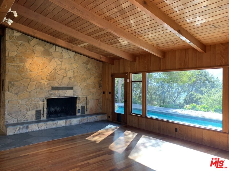 Empty room, Fireplace, Interior, Stone Walls, Wooden Beams, Wooden Ceilings, Wood Texture Flooring, Wooden Walls