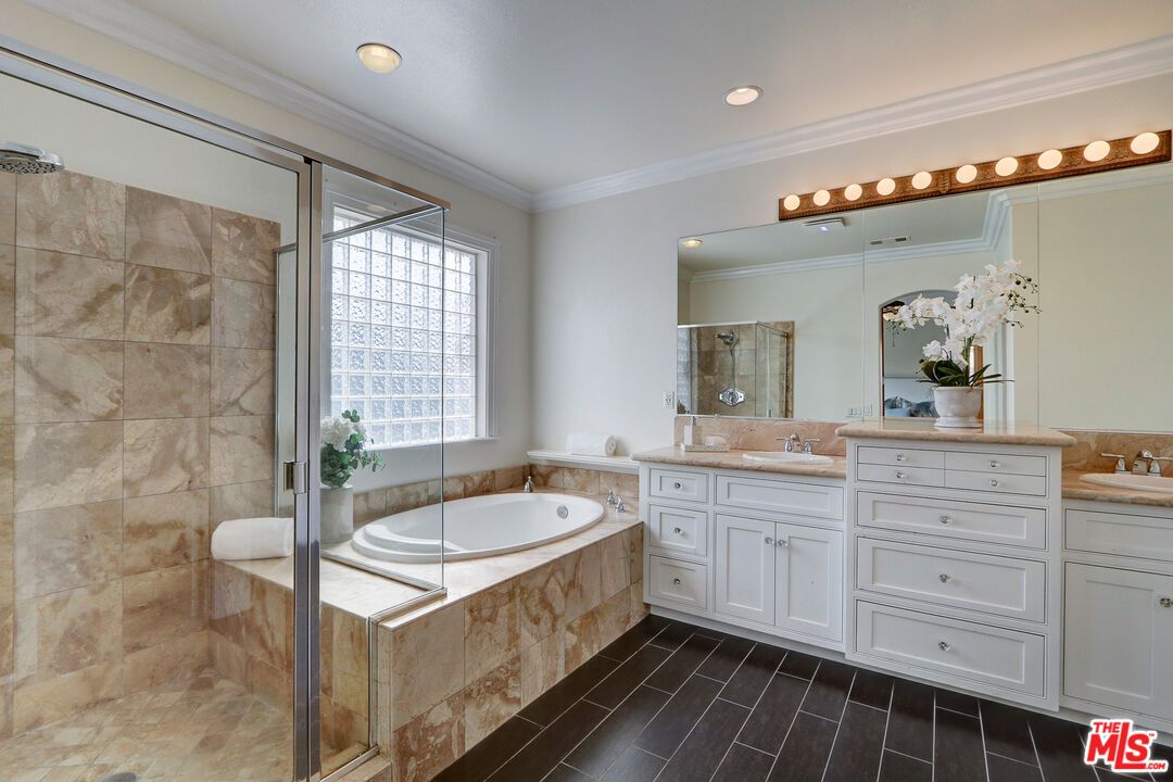 Bathroom, Dual Sink Vanities, Glass Shower, Interior, Recessed Lighting, Wood Texture Flooring