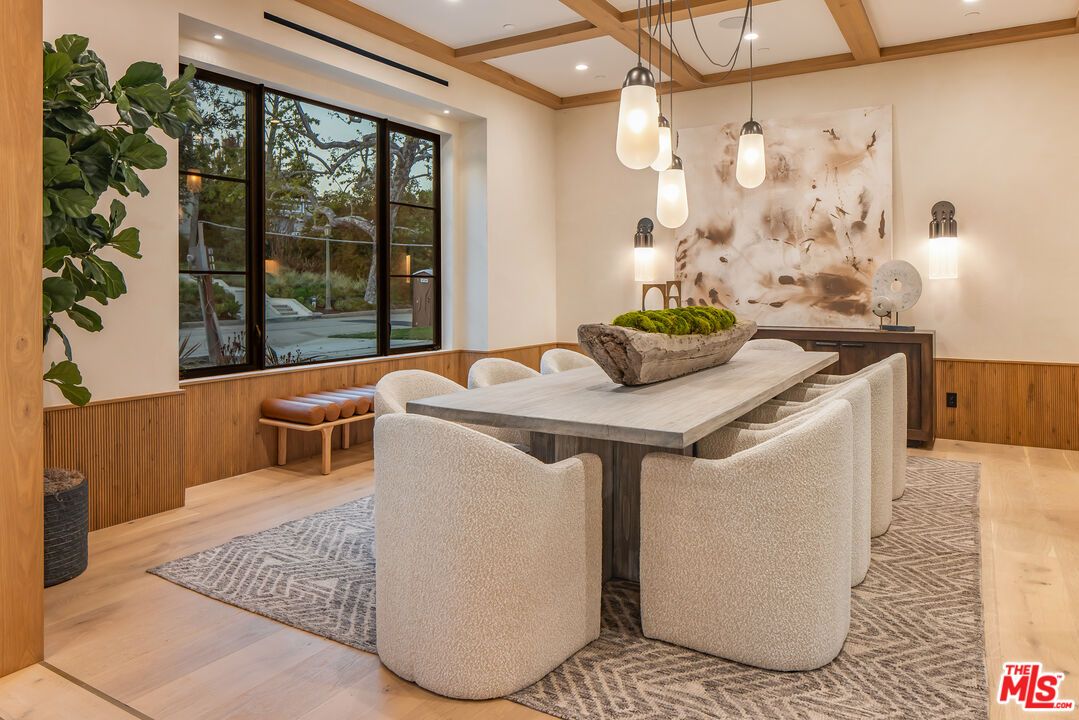 Dining room, Interior, Pendant Lights, Recessed Lighting, Wooden Beams, Wood Texture Flooring