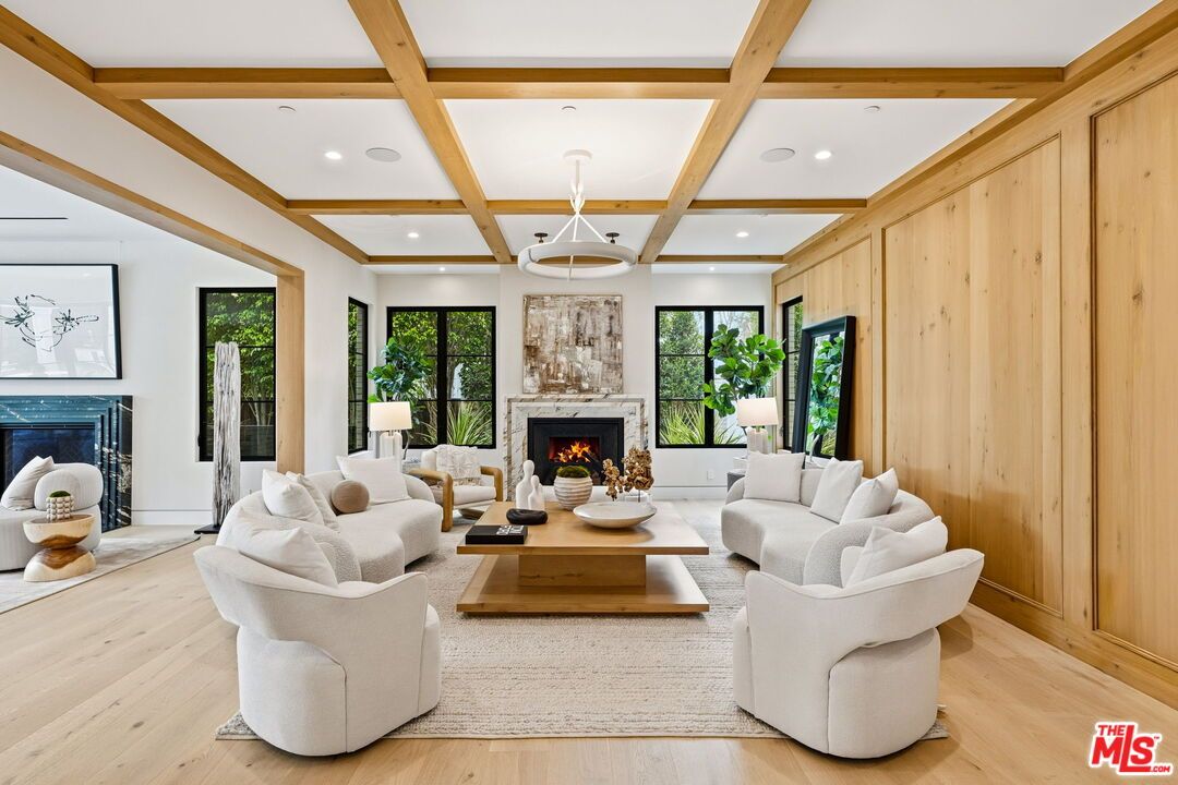 Fireplace, Interior, Living room, Recessed Lighting, Wooden Beams, Wood Texture Flooring, Wooden Walls