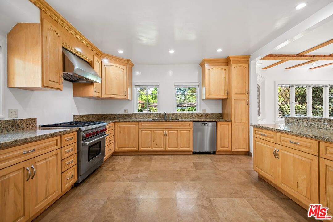 Interior, Kitchen, Recessed Lighting, Stainless Steel Appliances, Wooden Beams