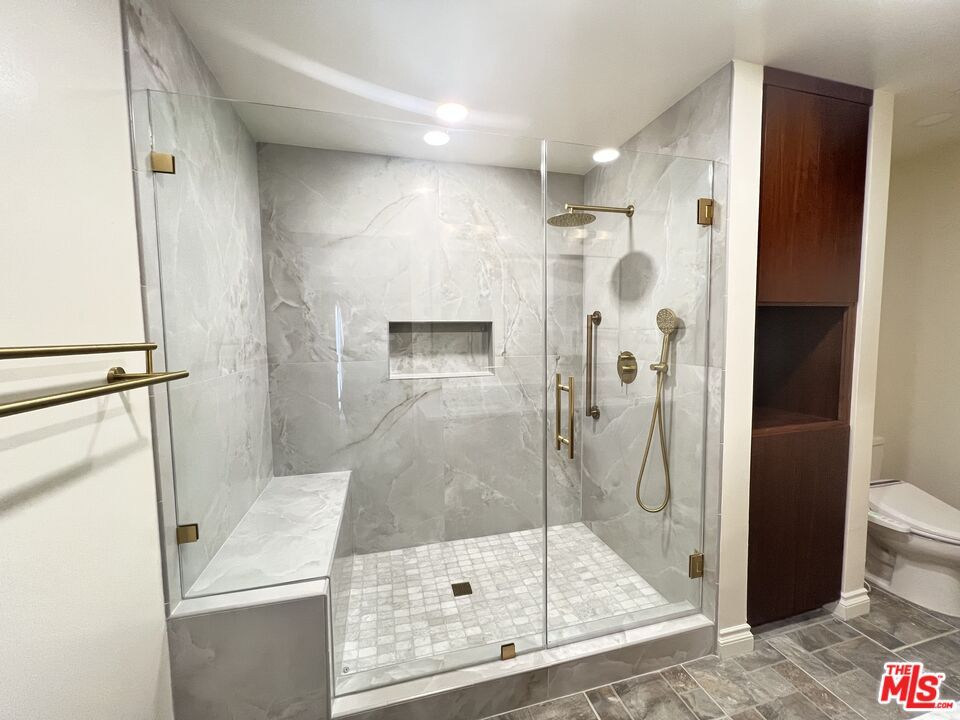 Bathroom, Glass Shower, Interior, Marble Walls, Recessed Lighting