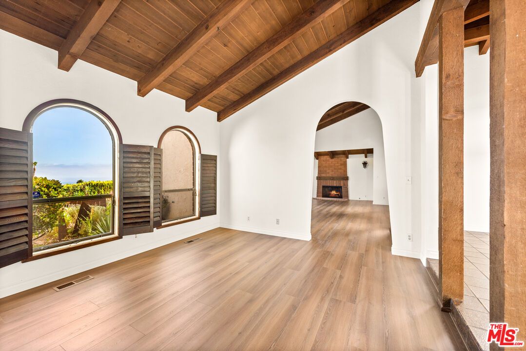 Empty room, Fireplace, Interior, Wooden Beams, Wooden Ceilings, Wood Texture Flooring