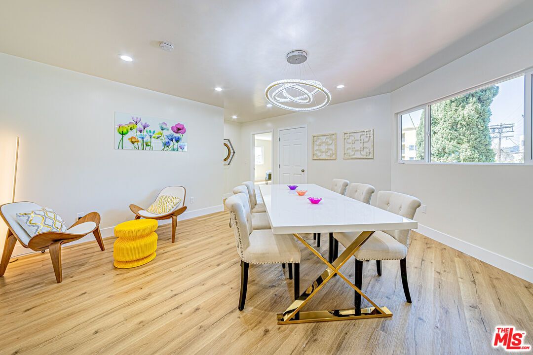 Dining room, Interior, Pendant Lights, Recessed Lighting, Wood Texture Flooring