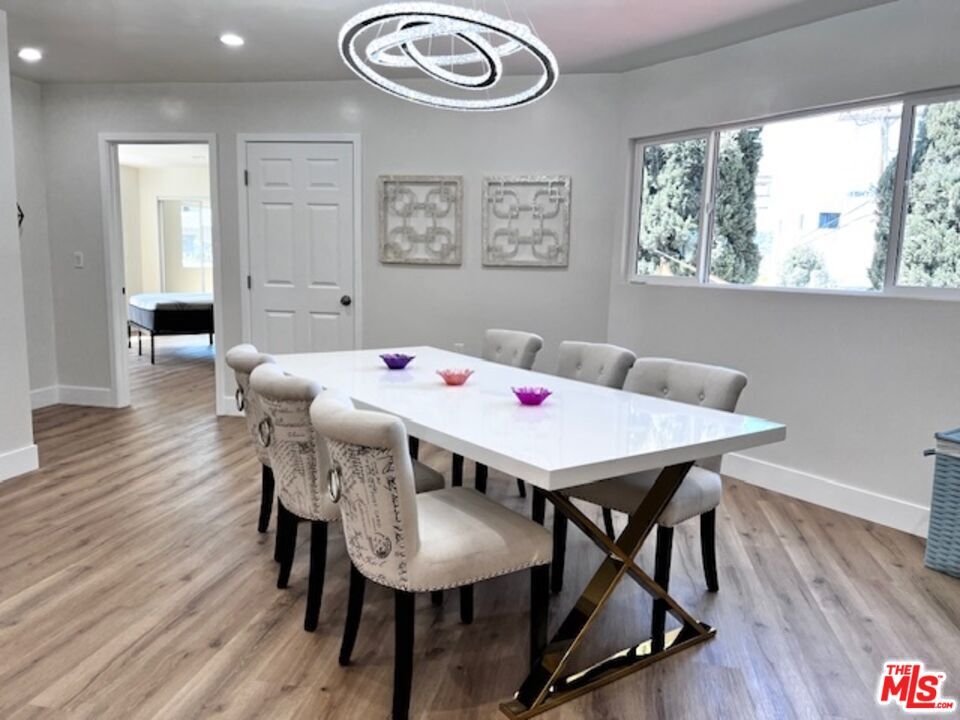 Dining room, Interior, Pendant Lights, Recessed Lighting, Wood Texture Flooring