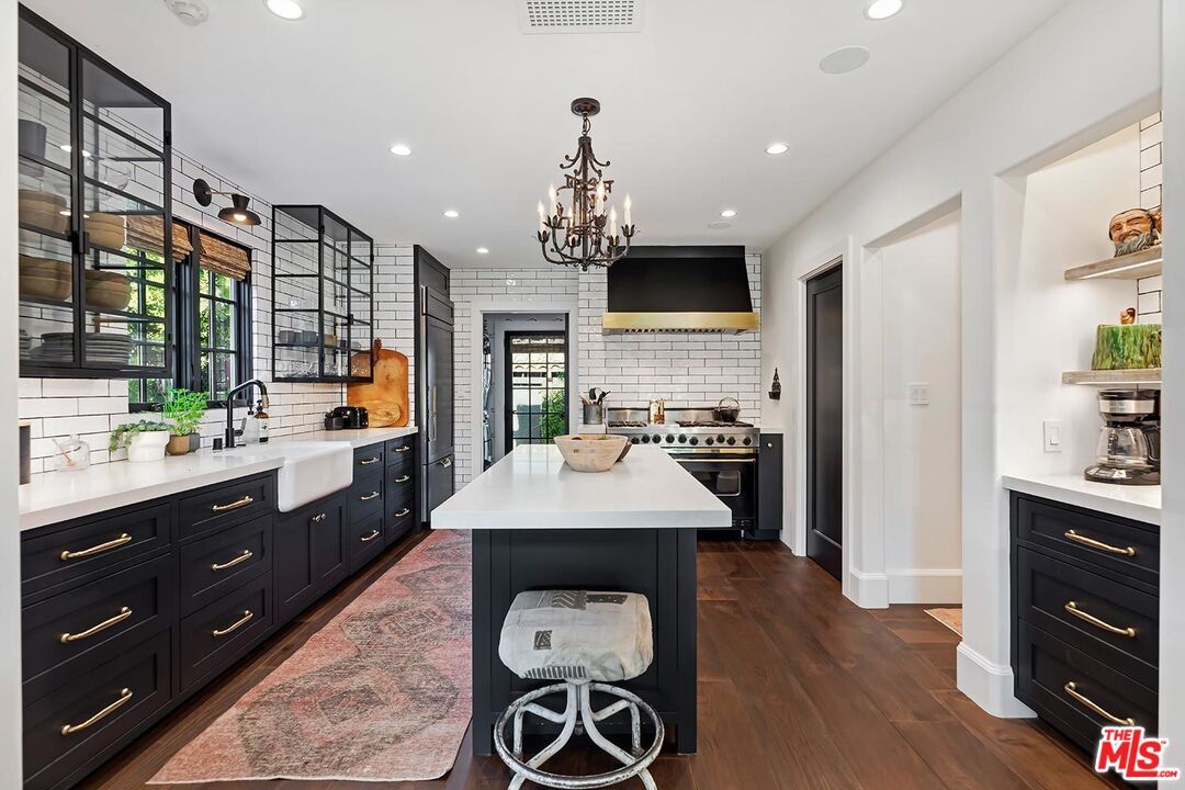 Chandelier, Interior, Kitchen, Recessed Lighting, Stainless Steel Appliances, Wood Texture Flooring