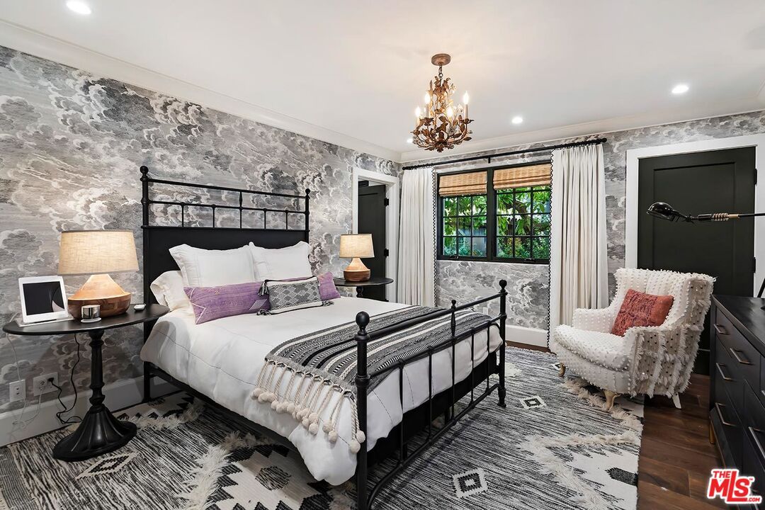 Bedroom, Chandelier, Interior, Recessed Lighting, Wood Texture Flooring