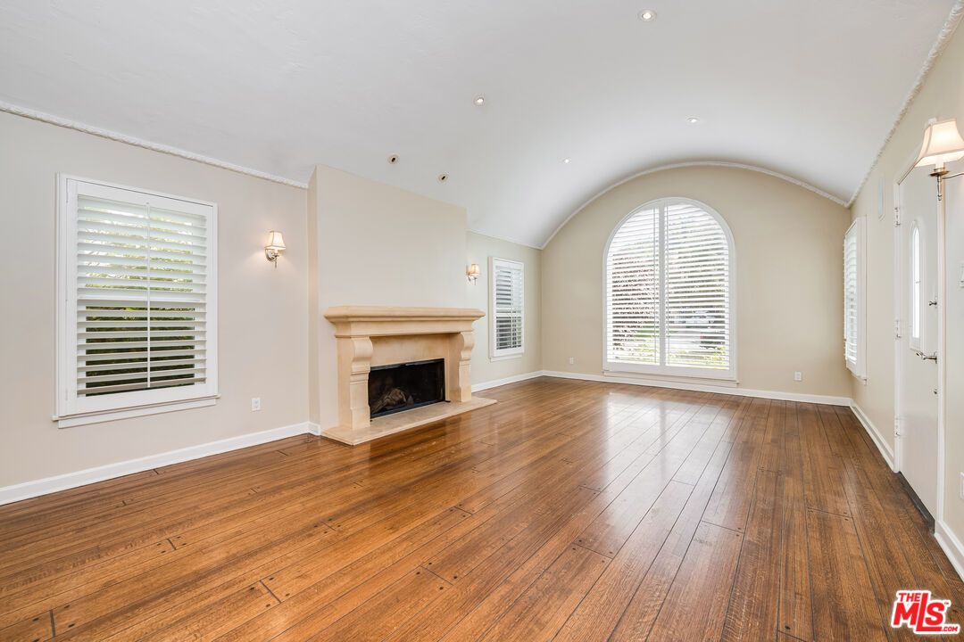 Empty room, Fireplace, Interior, Recessed Lighting, Wood Texture Flooring