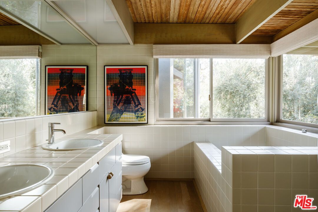 Bathroom, Interior, Tile Countertops, Wooden Ceilings, Wood Texture Flooring