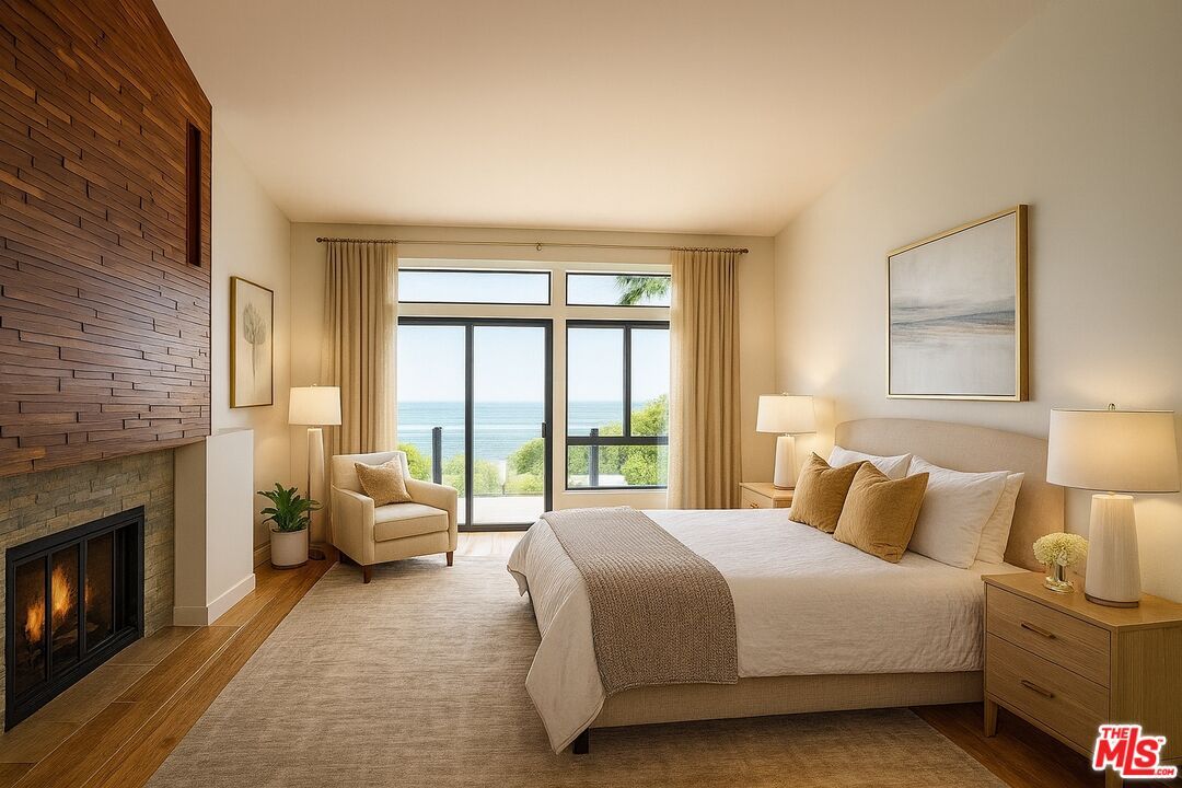 Bedroom, Fireplace, Interior, Water, Wood Texture Flooring