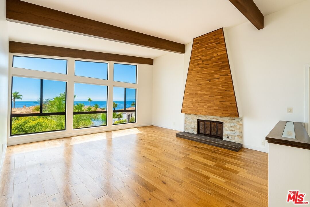 Empty room, Fireplace, Interior, Water, Wooden Beams, Wood Texture Flooring