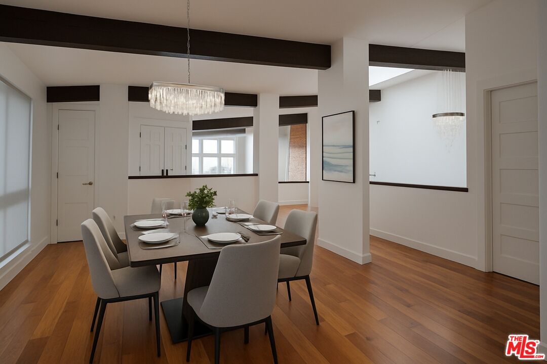 Chandelier, Dining room, Interior, Pendant Lights, Wooden Beams, Wood Texture Flooring