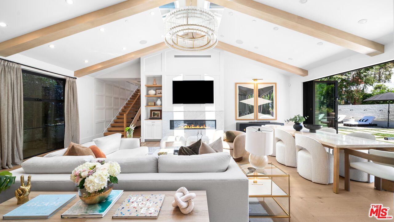 Chandelier, Dining room, Fireplace, Interior, Living room, Recessed Lighting, Wooden Beams, Wood Texture Flooring