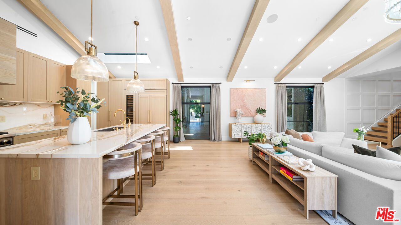 Interior, Kitchen, Living room, Pendant Lights, Recessed Lighting, Stainless Steel Appliances, Wooden Beams, Wood Texture Flooring