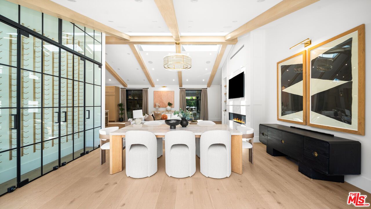 Chandelier, Dining room, Fireplace, Interior, Recessed Lighting, Wooden Beams, Wood Texture Flooring