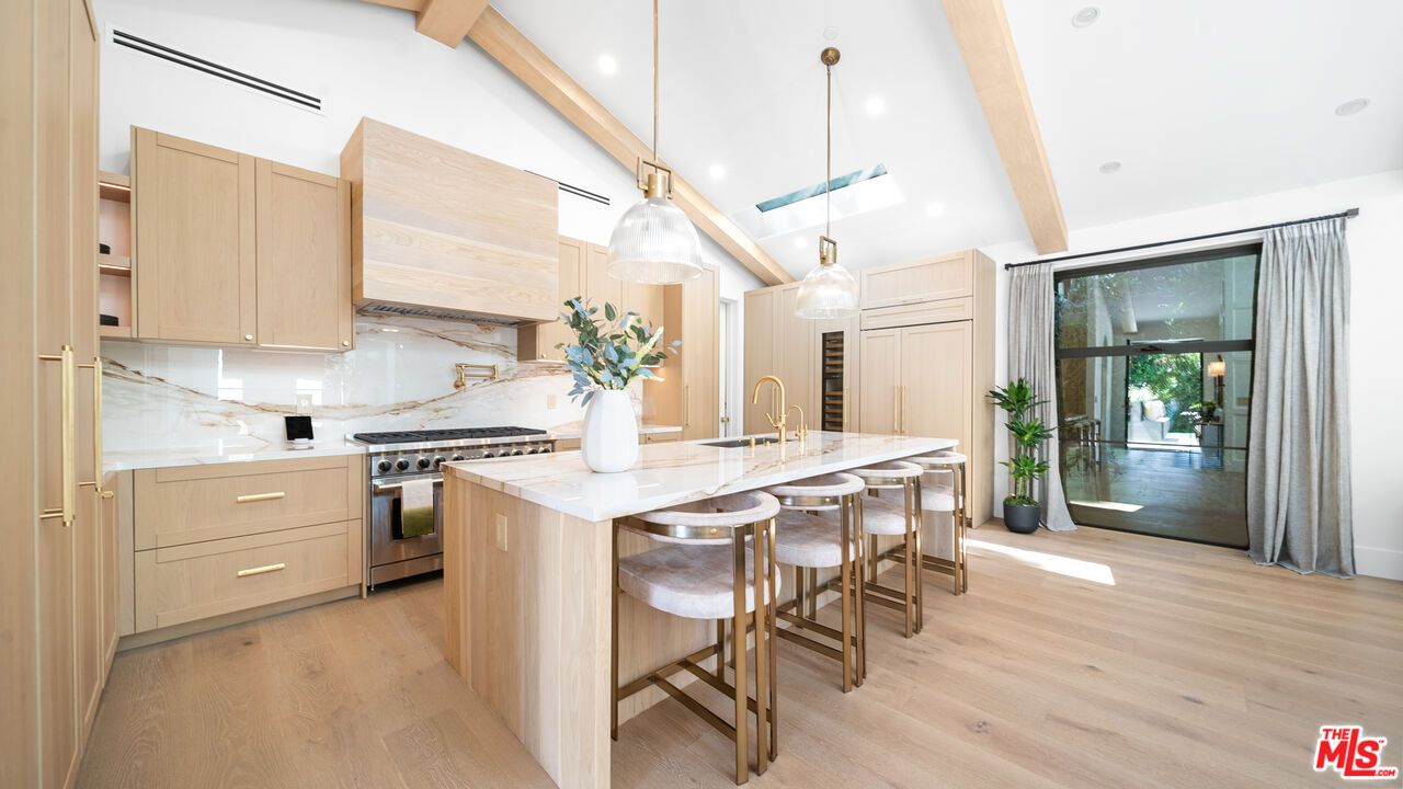 Interior, Kitchen, Pendant Lights, Recessed Lighting, Stainless Steel Appliances, Wooden Beams, Wood Texture Flooring