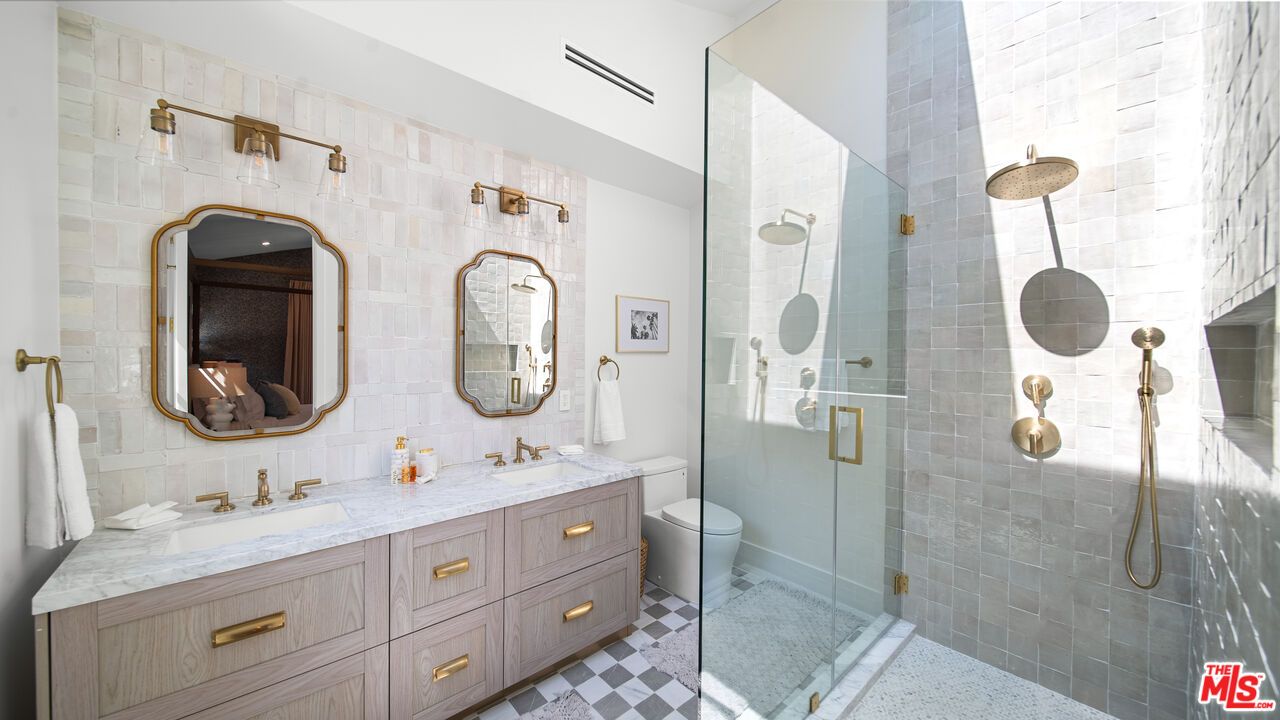 Bathroom, Dual Sink Vanities, Glass Shower, Interior, Stone Walls