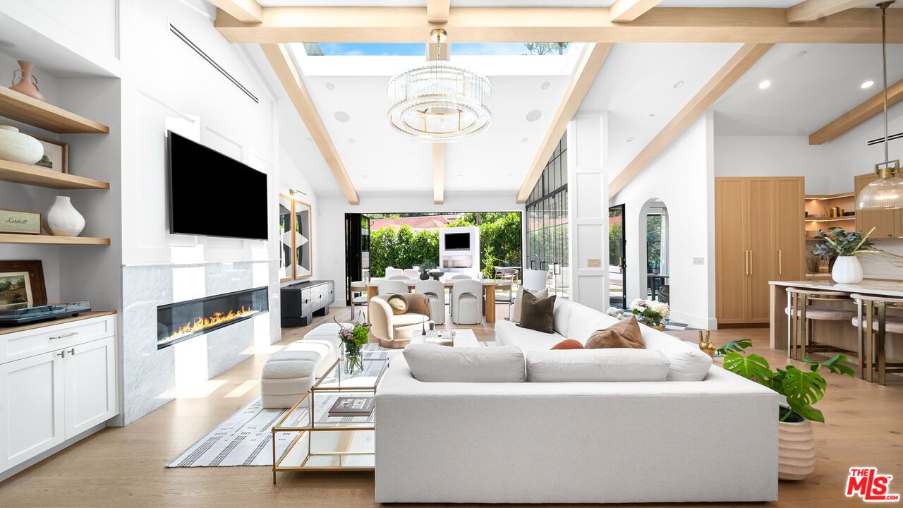 Chandelier, Dining room, Fireplace, Interior, Living room, Recessed Lighting, Wooden Beams, Wood Texture Flooring