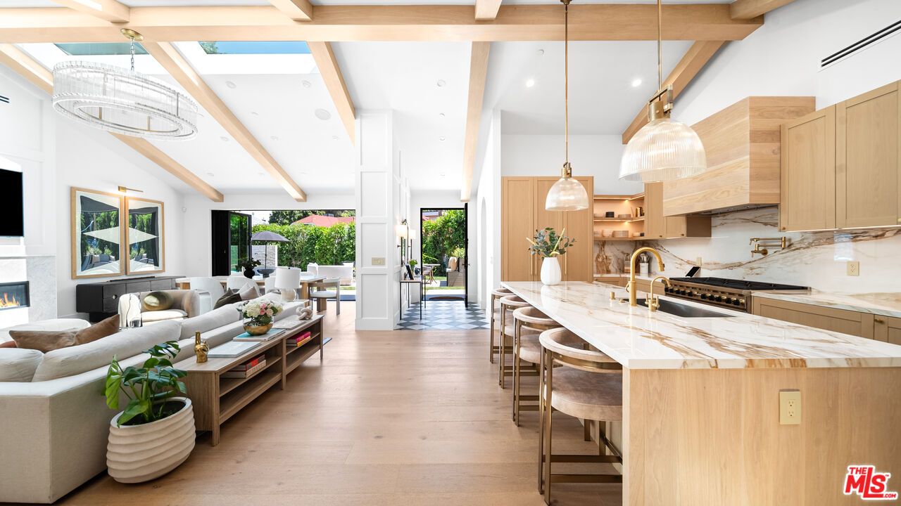 Fireplace, Interior, Kitchen, Living room, Pendant Lights, Recessed Lighting, Wooden Beams, Wood Texture Flooring