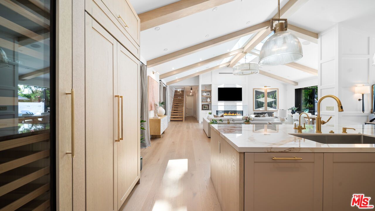 Chandelier, Interior, Kitchen, Living room, Pendant Lights, Recessed Lighting, Wooden Beams, Wood Texture Flooring